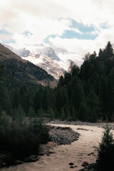 Beautiful mountain view with river and pine trees in Zermatt, Switzerland.