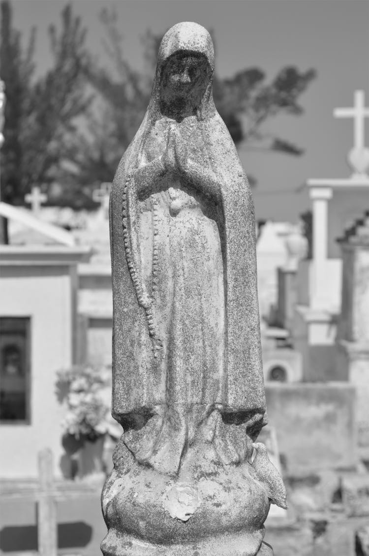 Grayscale Photo Of Statue Of Mother Mary