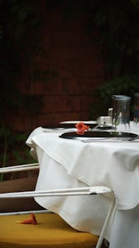 Elegant outdoor dining table with white linen, ideal for a romantic dinner setting.