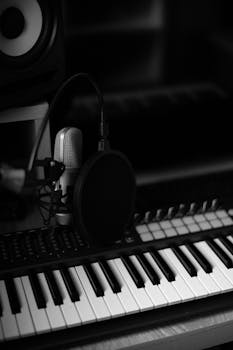 Elegant black and white image of a music studio with a microphone and synthesizer keyboard.