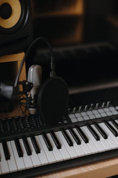Cozy home studio setup featuring a keyboard and microphone ready for recording.