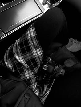 Stylish monochrome scene in a car interior with plaid fashion and camera.