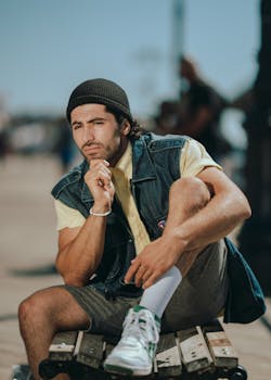 一位时尚男模特坐在纽约的户外，在明媚的阳光下展示休闲时尚