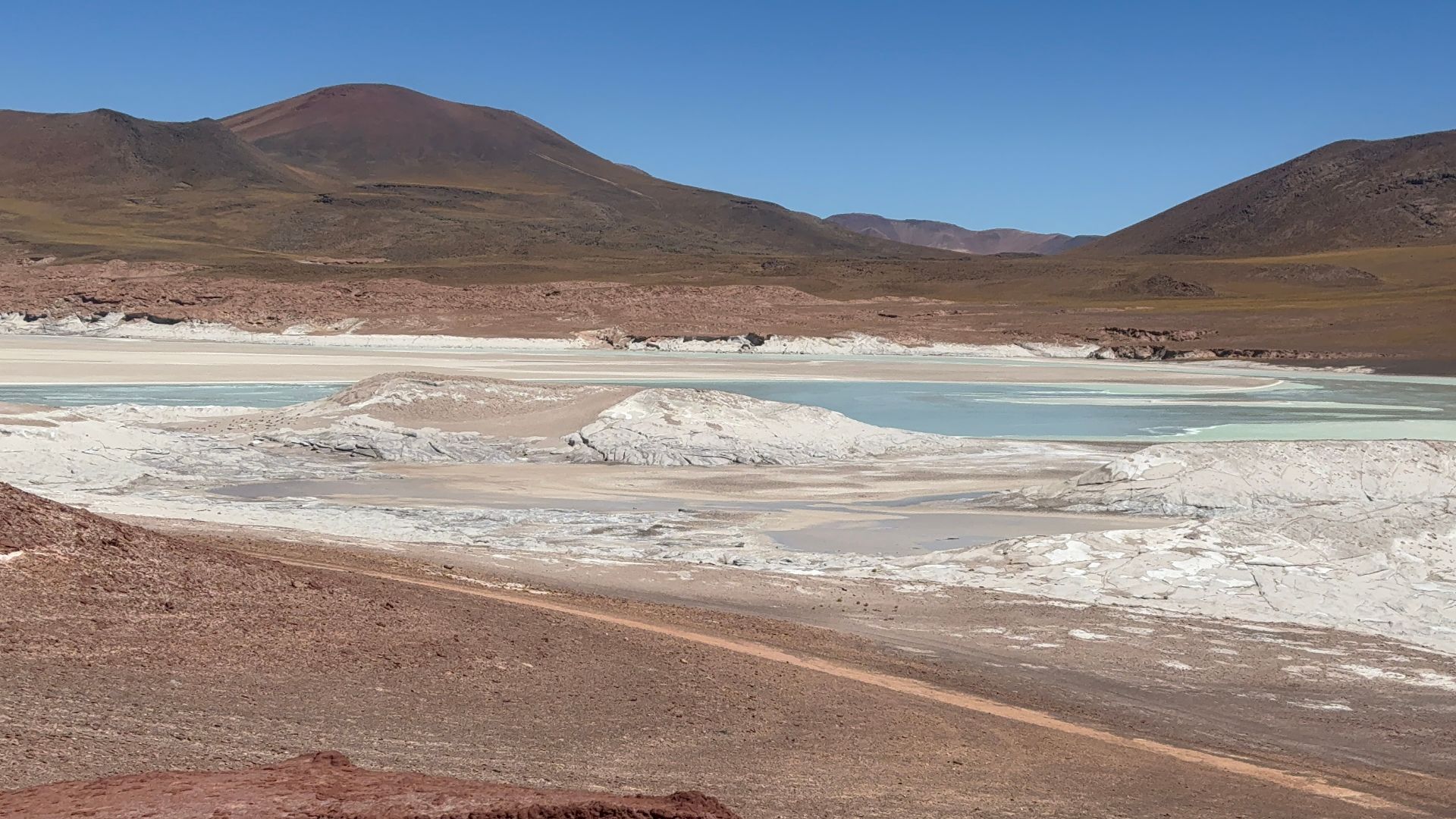 Desolate salt flats of the Bolivian Altiplano under clear skies.