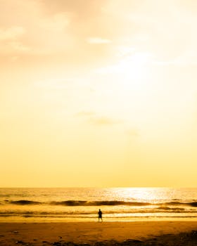 A lone silhouette stands on a beach beneath a warm, golden sunset sky.
