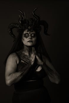 Gothic-themed portrait of a woman in dark attire with artistic makeup and horns.
