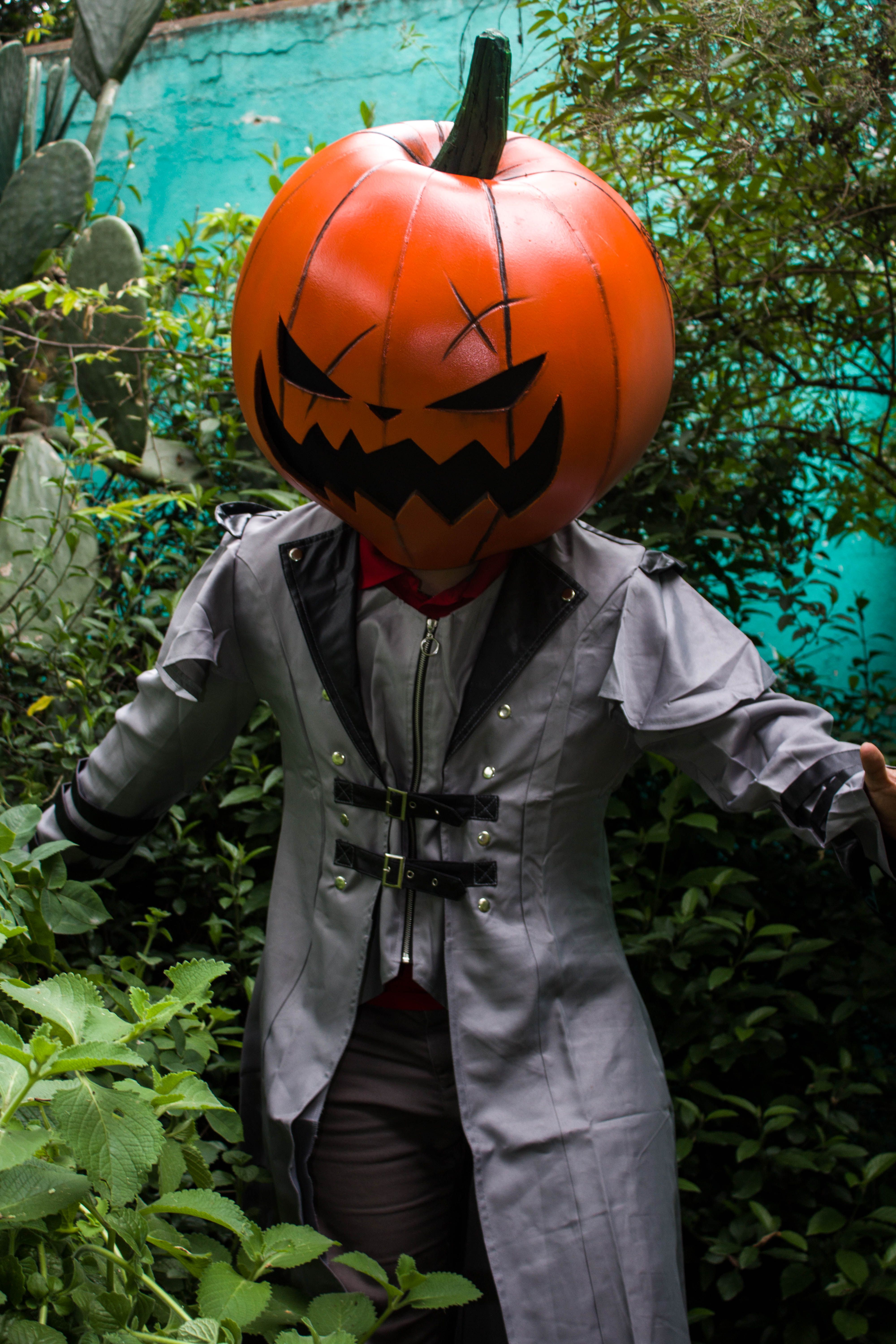 Halloween Pumpkin Head Costume in Garden