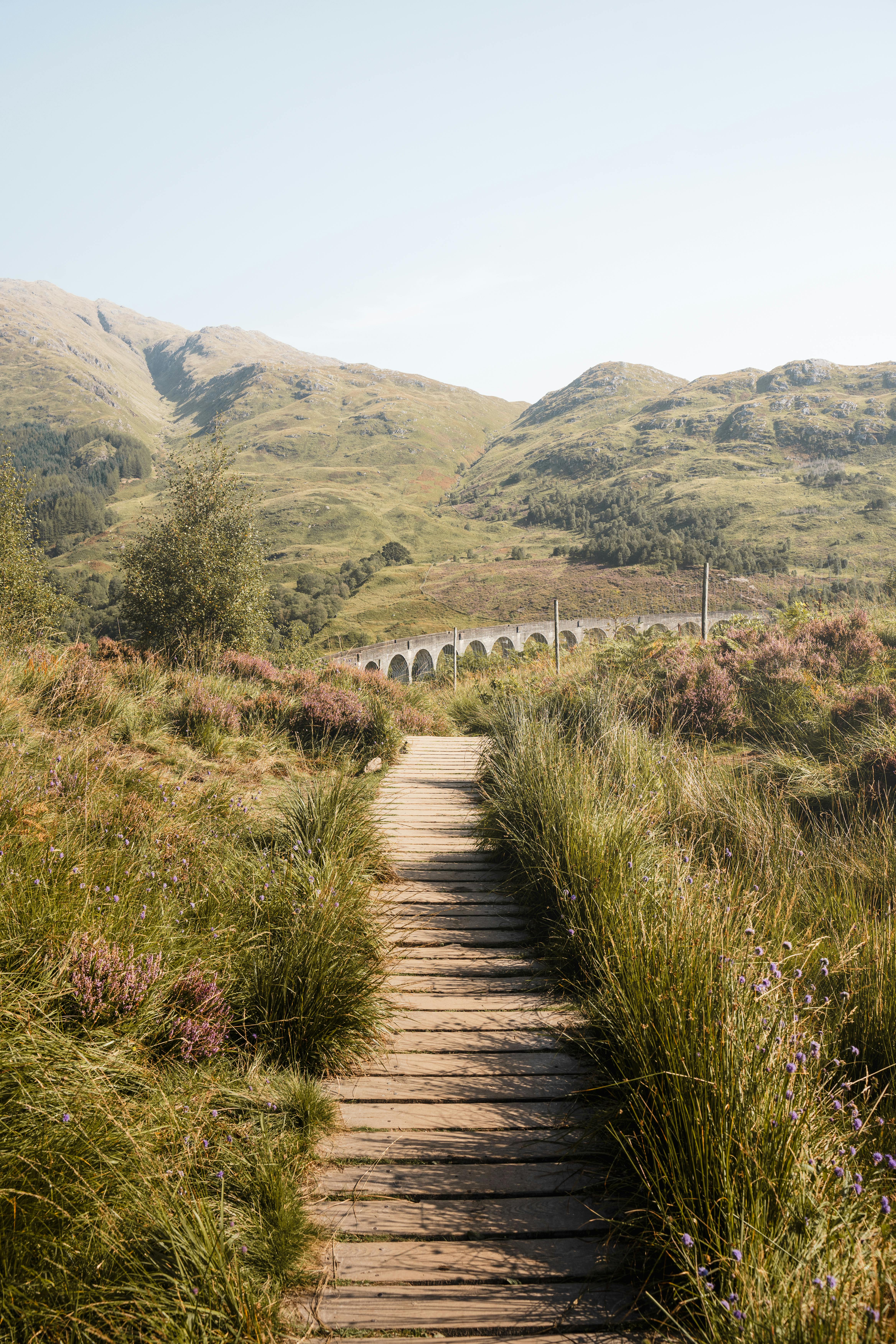 A serene wooden pathway through grassy hills leading to a picturesque arch bridge and mountains under a clear sky.