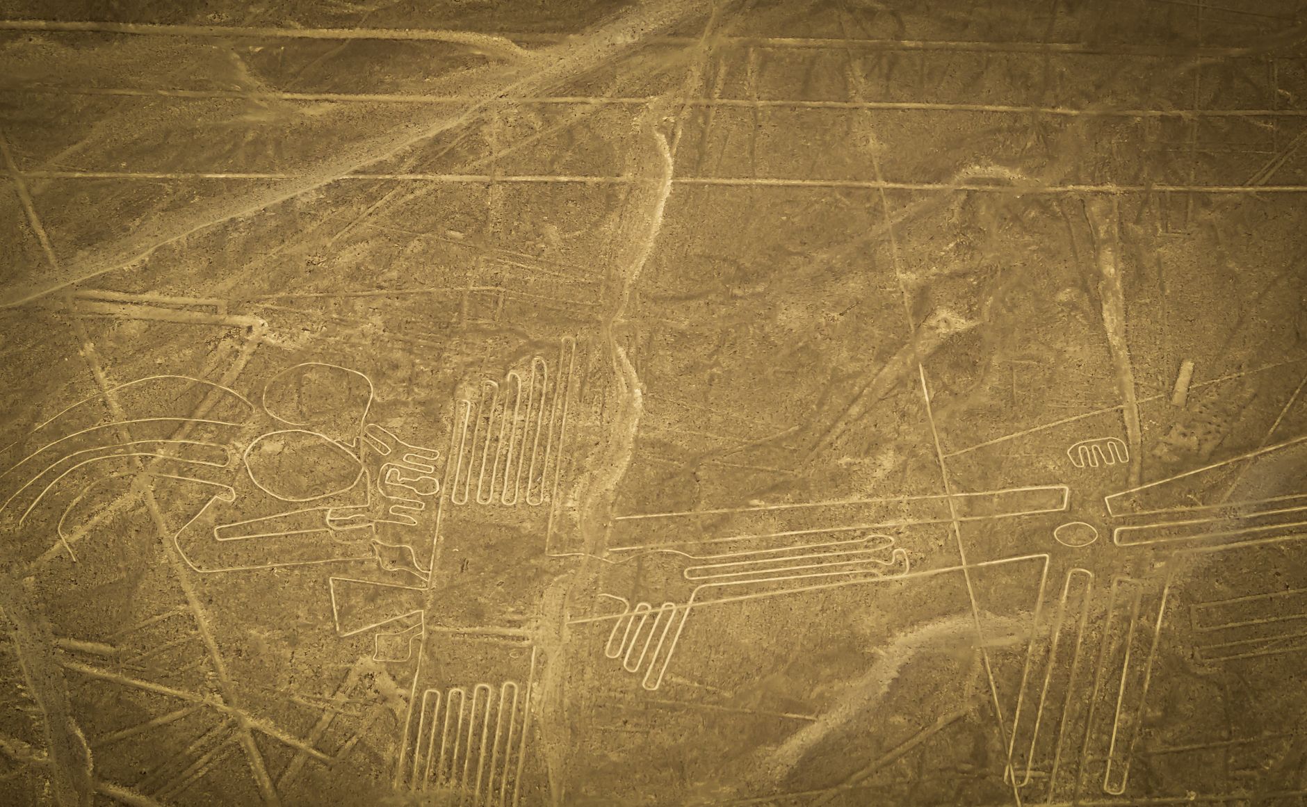 Aerial photograph showcasing the mysterious Nazca Lines in the Peruvian desert.
