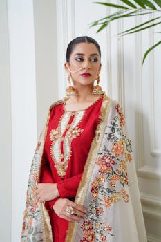 A stylish woman in traditional Eastern attire poses in a luxurious setting.