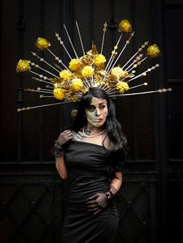 A woman in a Catrina costume with intricate face paint and floral headpiece celebrates Dia de los Muertos.