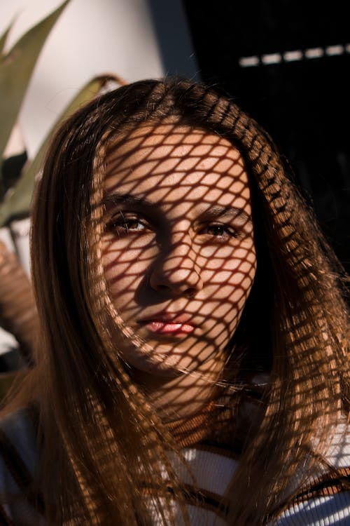 Portrait of a Beautiful Woman with a Shadow on Her Face