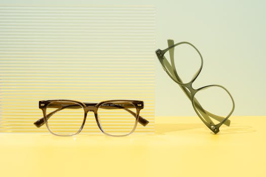 Stylish eyeglasses with a modern minimalistic design displayed on a pastel background.