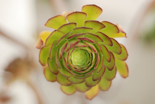 Detailed macro shot of a vibrant green spiral succulent leaf with a blurred background.