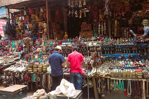 Free A vibrant display of traditional souvenirs in Thamel market, Kathmandu, Nepal. Stock Photo