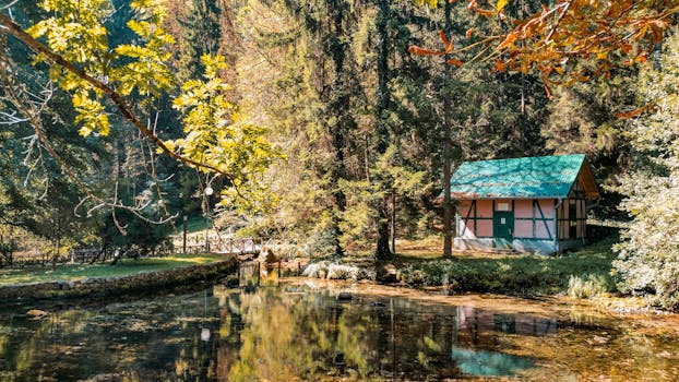 这座乡村小屋坐落在风景优美的森林里，旁边有宁静的湖泊，四周环绕着充满活力的秋叶