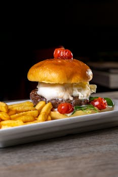 Delicious gourmet burger with fries and cherry tomatoes on a plate.