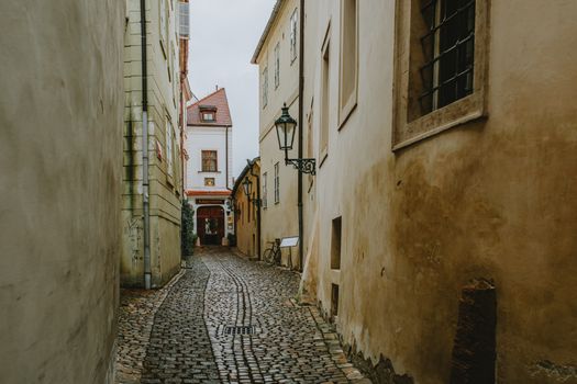 Explore a picturesque narrow alleyway with cobblestone streets and historic buildings.