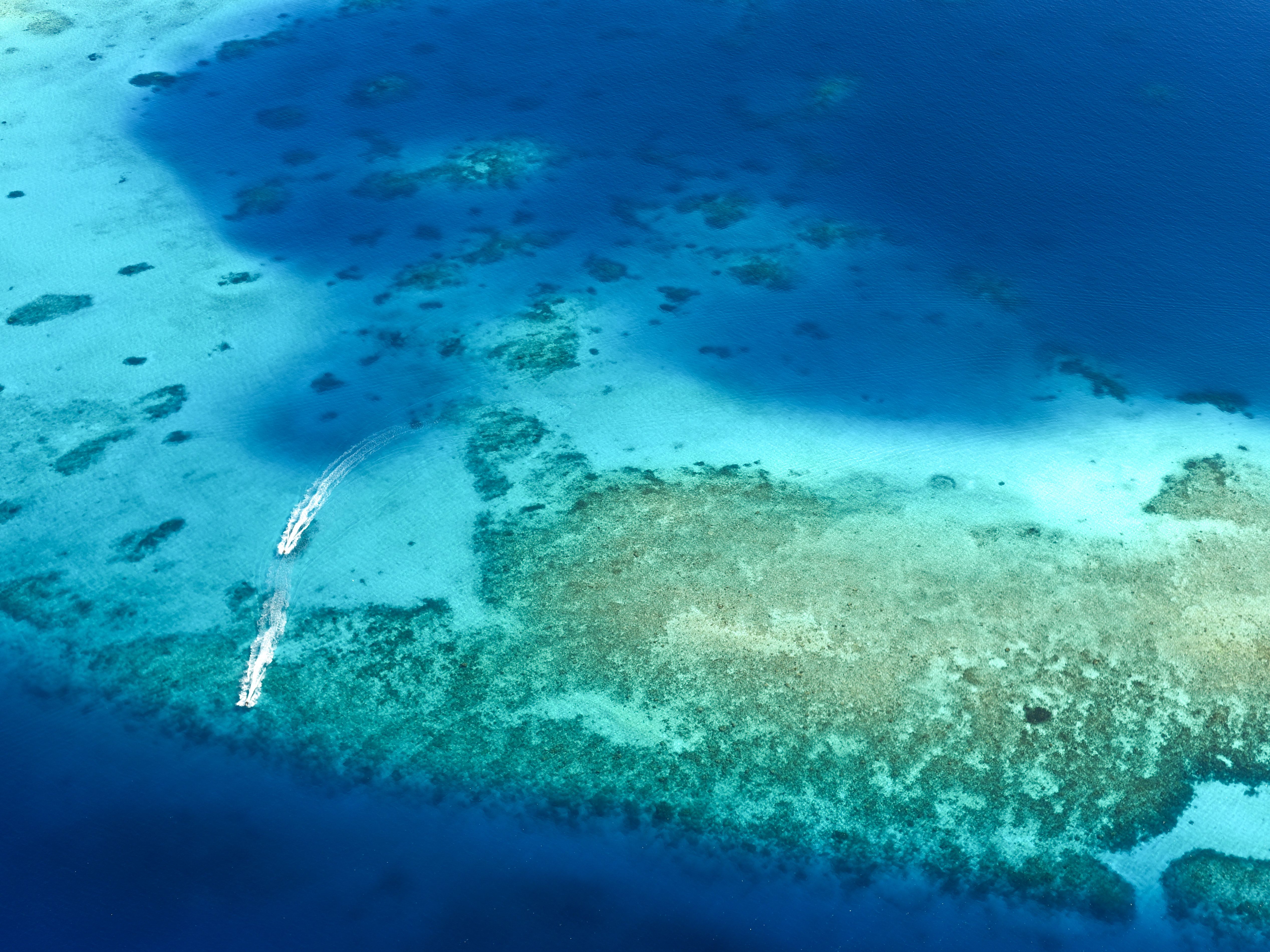Stunning aerial view showcasing turquoise waters and coral formations in the Maldives.
