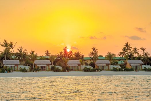 Breathtaking sunset over a tropical Maldives beach resort with palm trees and ocean view.