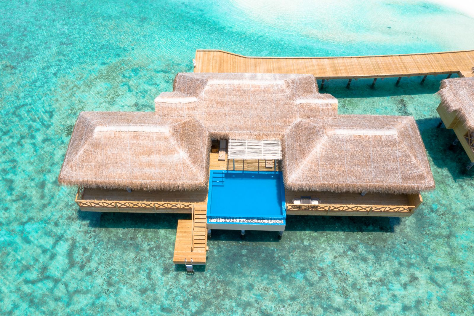 Aerial view of a thatched luxury water villa with a pool in clear Maldives waters
