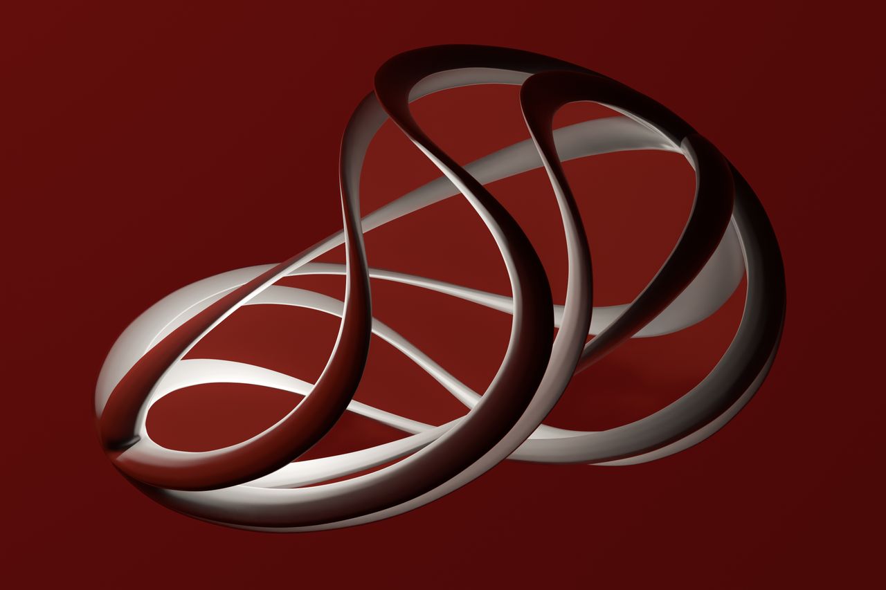 abstract 3d rendering with red and white swirling shapes on a dark bac