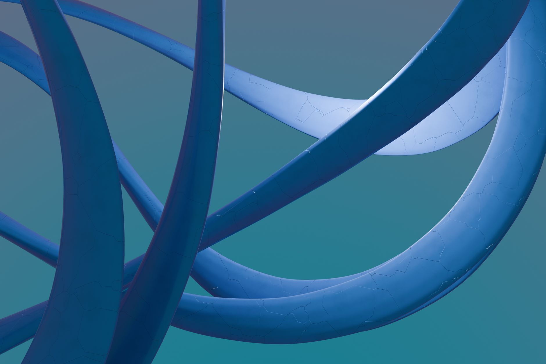 Dynamic 3D abstract image featuring intertwined blue curves on a teal backdrop.