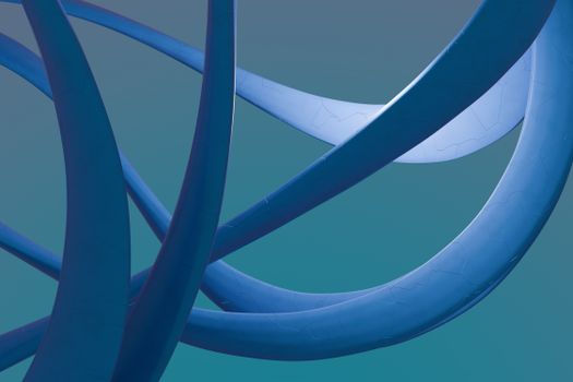 Dynamic 3D abstract image featuring intertwined blue curves on a teal backdrop.