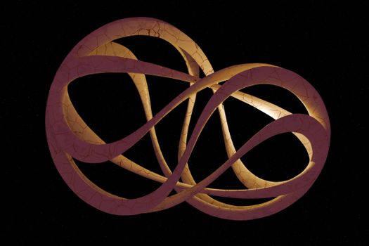 3D artwork featuring an abstract sculpture with intertwined loops against a starry background.