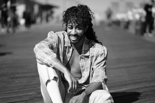 一位卷发的时尚男子面带微笑，在户外摆出单色肖像