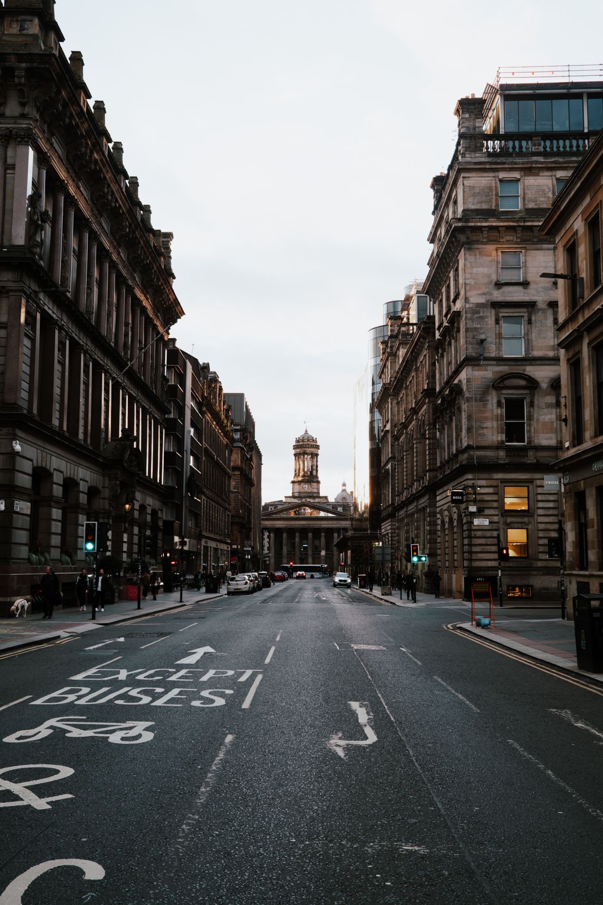 Traffic and Victorian facades looking down George Street, Glasgow