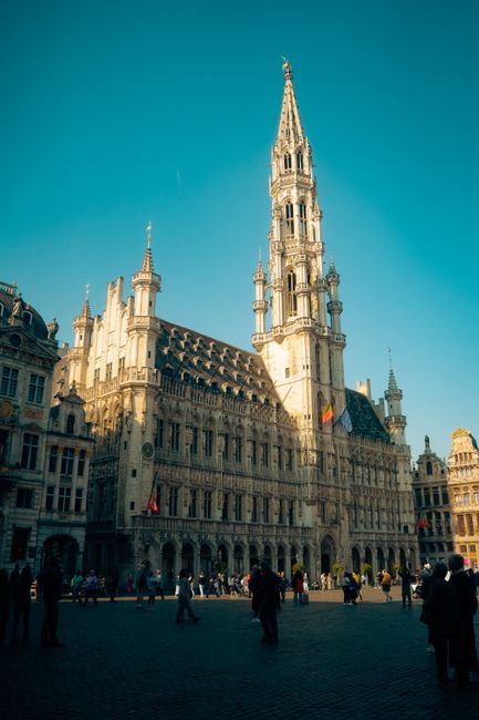 Beautiful view of the historic Town Hall in Brussels located at the Grand Place.