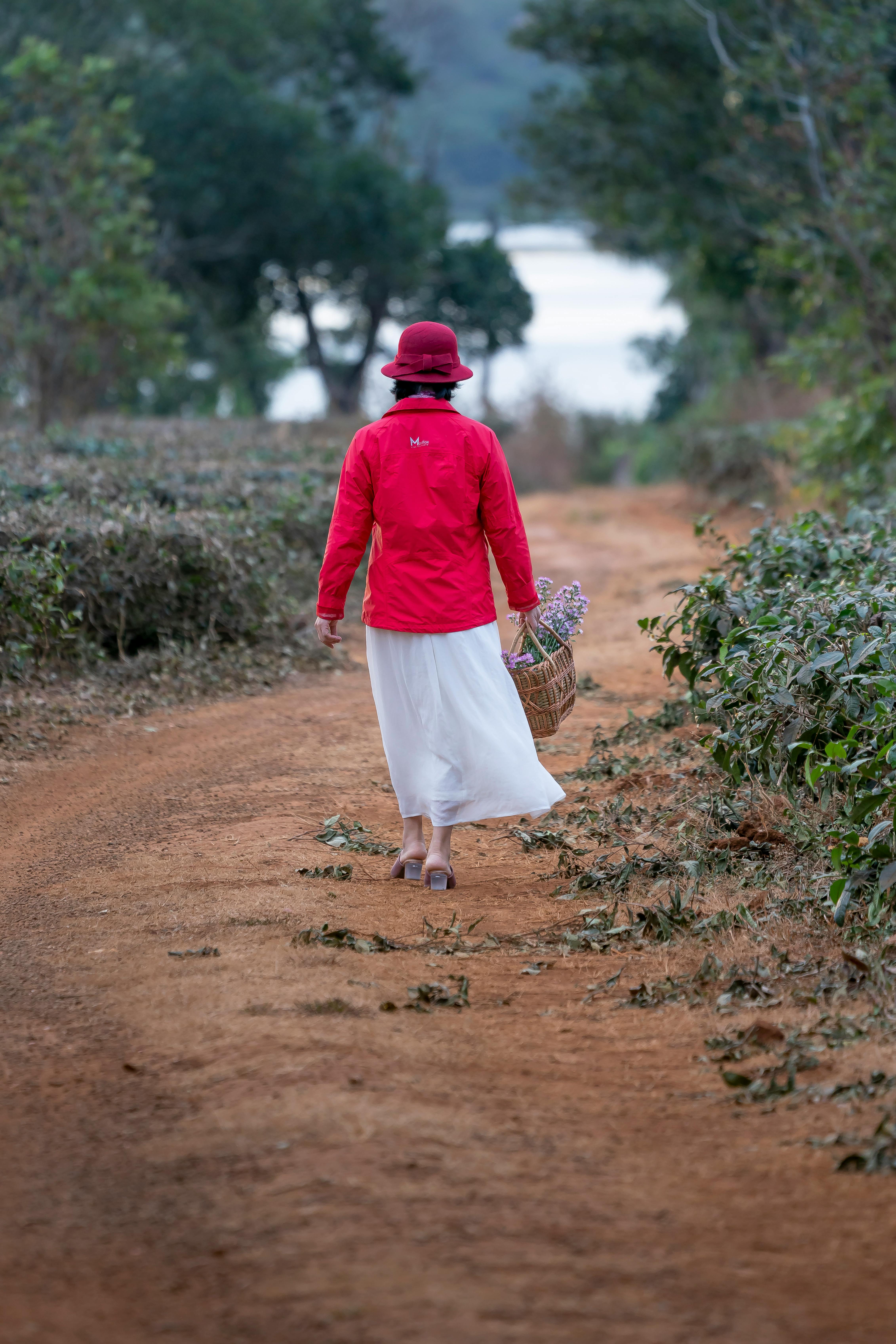 a woman walking in a road carrying a basket