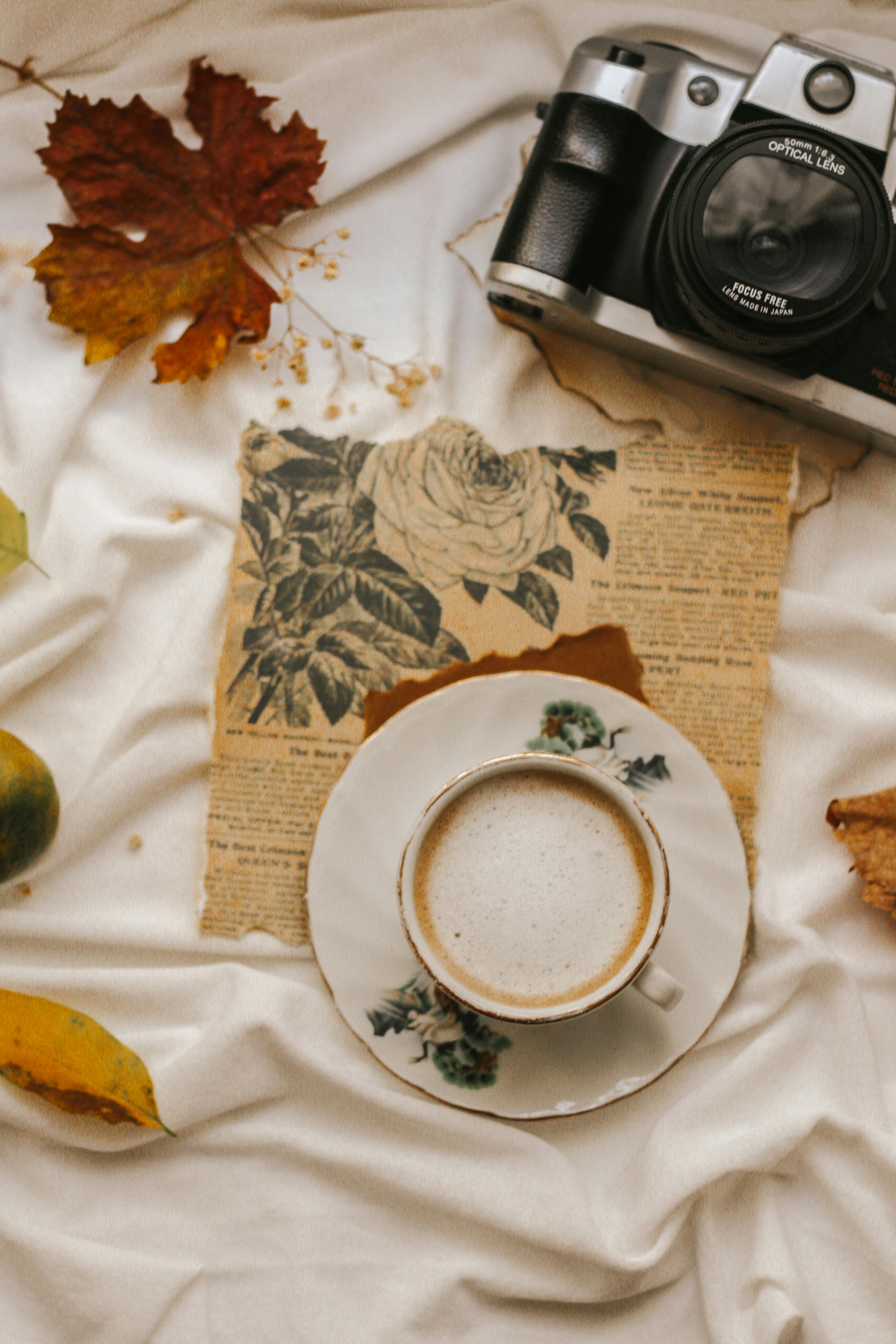 cozy autumn tea with vintage camera and leaves