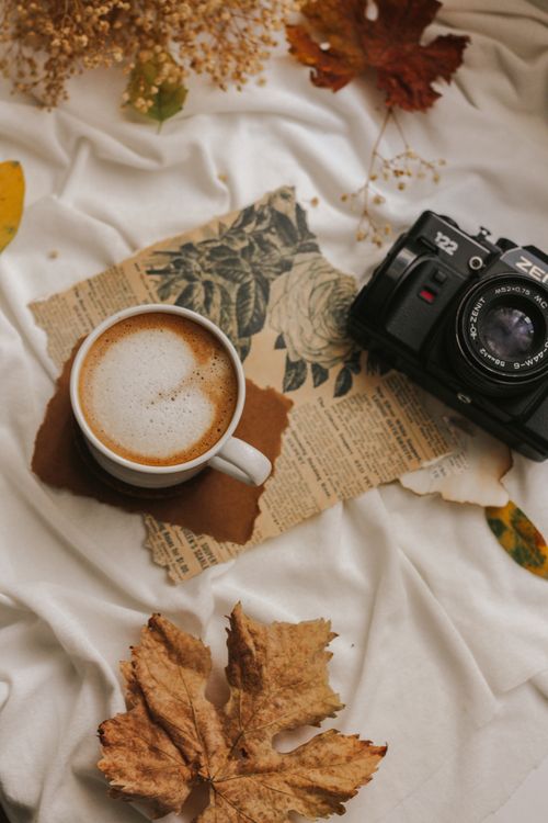 Free Warm autumn setting with latte and vintage camera. Stock Photo