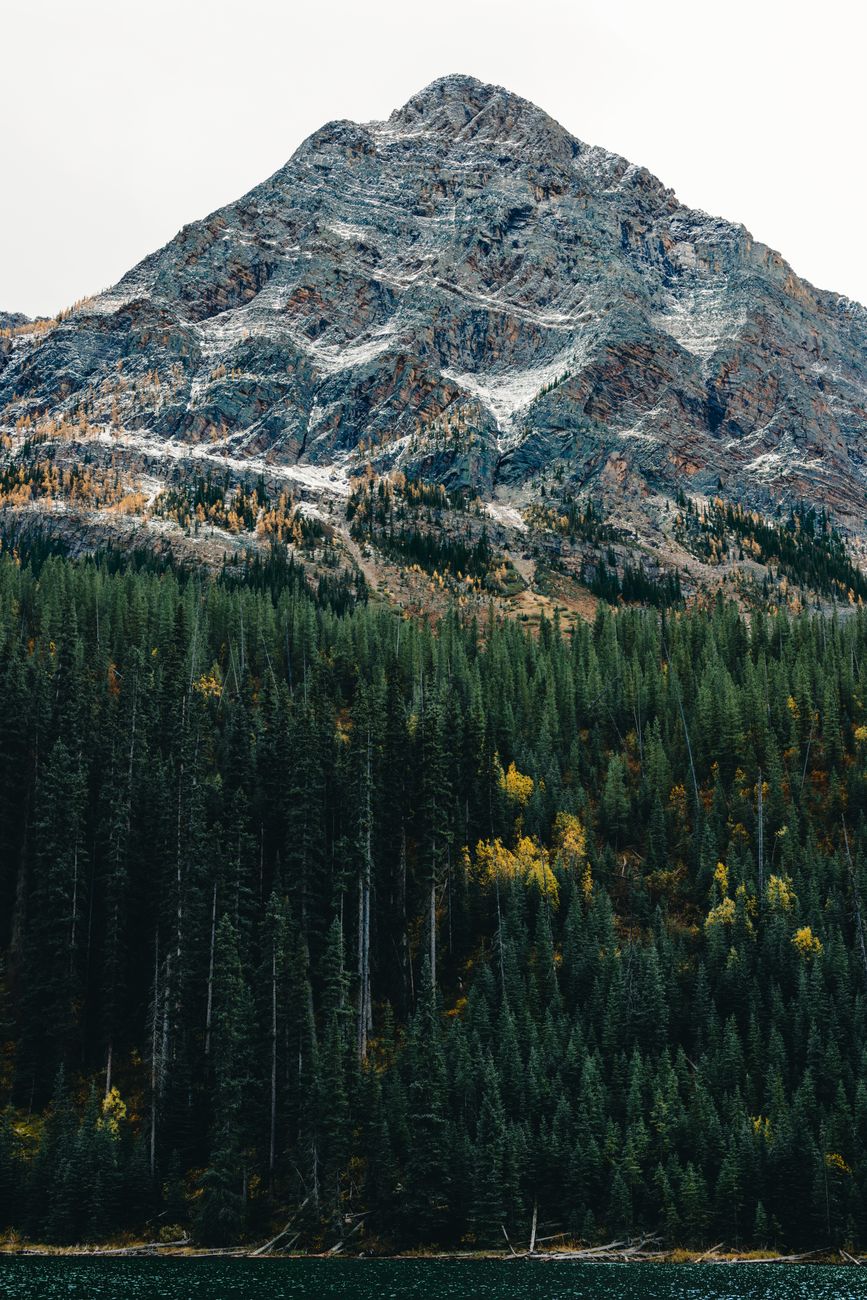 A stunning mountain peak overlooking a dense evergreen forest during autumn.