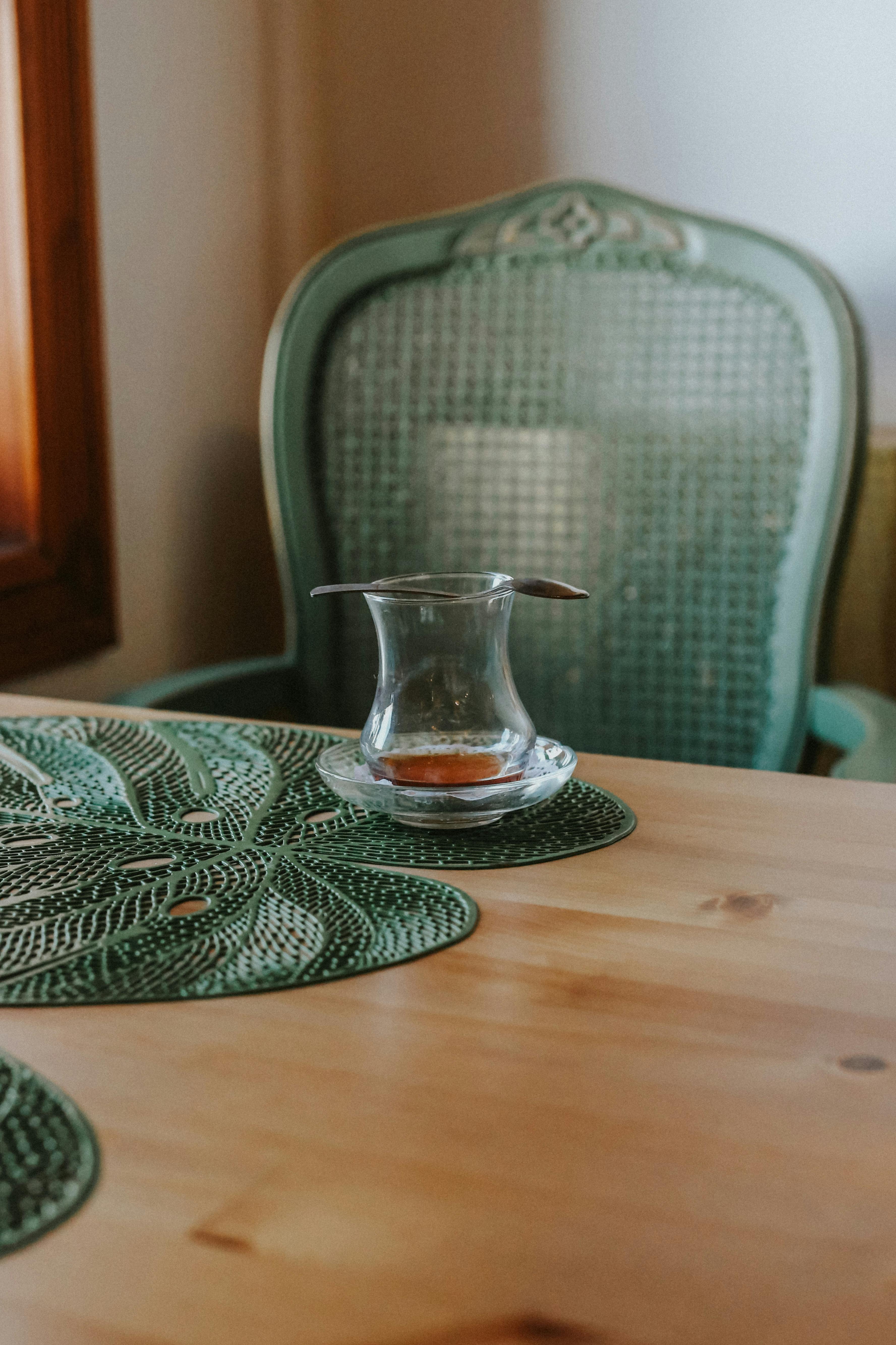 empty tea glass on a wooden table