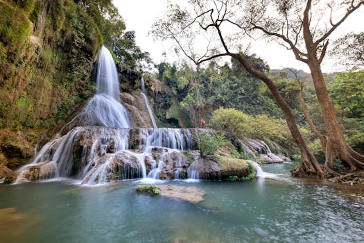 郁郁葱葱的绿色植物环绕着美丽的瀑布，一位孤独的徒步旅行者映入眼帘，展现出宁静的自然景象