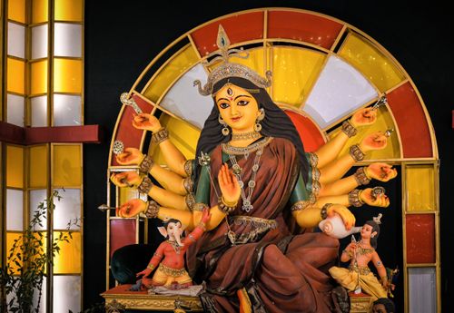 Free Intricate idol of Goddess Durga with rich colors, celebrating Durga Puja festival. Stock Photo