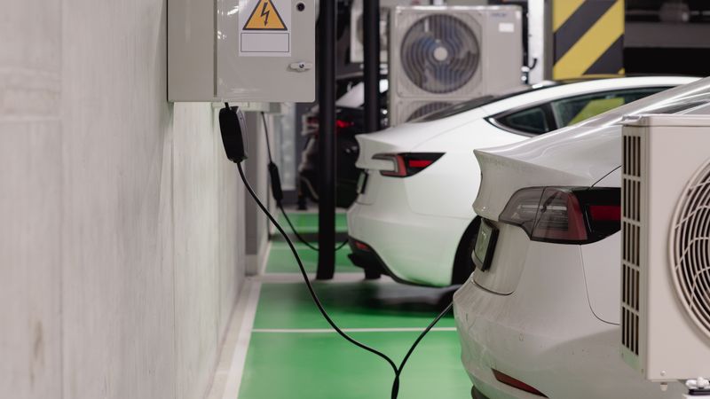 An electric vehicle charging cable neatly coiled on a metal wall hook inside a clean residential garage