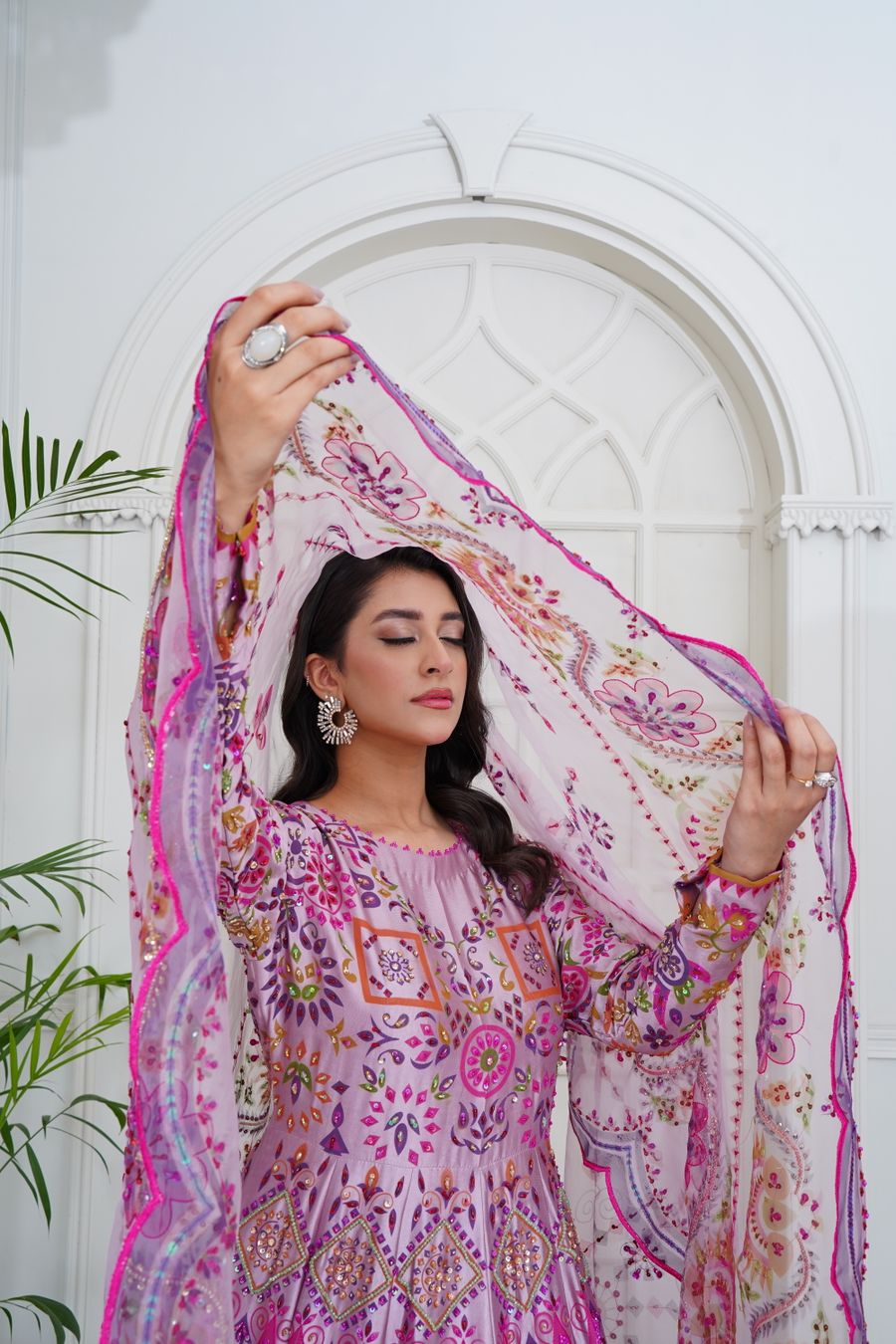 Elegant South Asian fashion model in traditional styling suitable for saree necklace inspiration