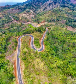 Aerial view of a winding mountain road in lush West Java landscapes, showcasing natural beauty.