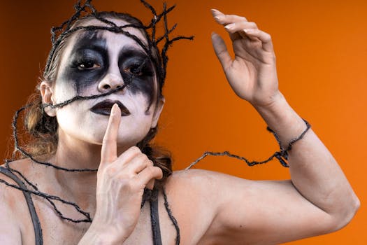 Artistic makeup portrait featuring dramatic black and white design with orange backdrop.