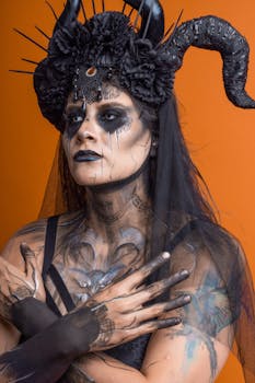 Close-up of a person with intricate Halloween makeup and costume against an orange backdrop.