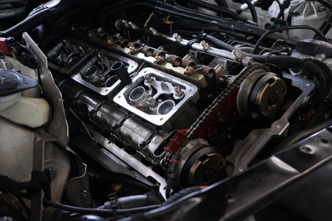 Close-up of automotive engine components