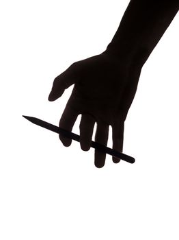 Silhouette of a hand gracefully holding a stylus pen against a white background.