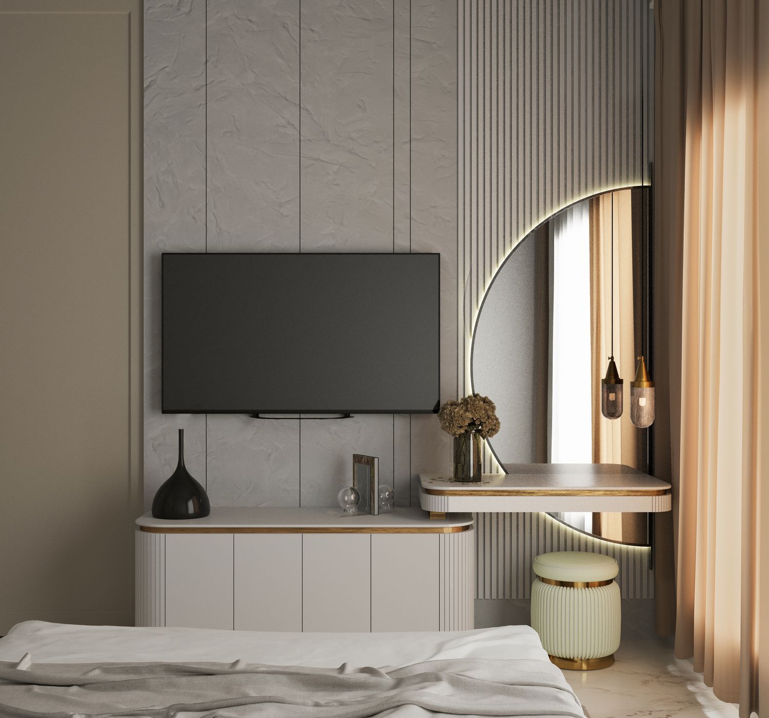 Elegant modern bedroom interior with minimalist design elements, TV, and unique decor.