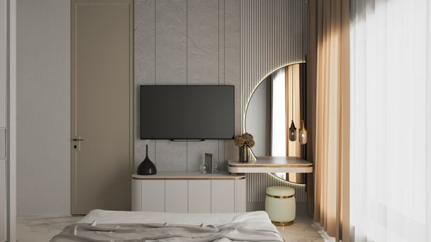 Elegant modern bedroom interior with minimalist design elements, TV, and unique decor.