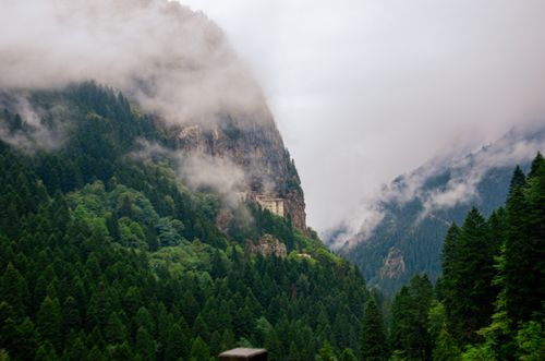 Free A stunning view of a misty forested mountain landscape covered in low clouds. Stock Photo