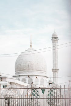 A peaceful image of a mosque dome and minaret with birds perched on the fence in the foreground.